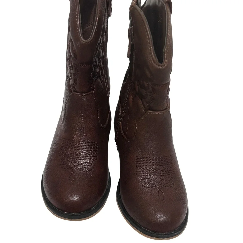 Cat & Jack Toddler Brown Faux Leather Western Cowboy Boots Sz 8 Side Zip boho